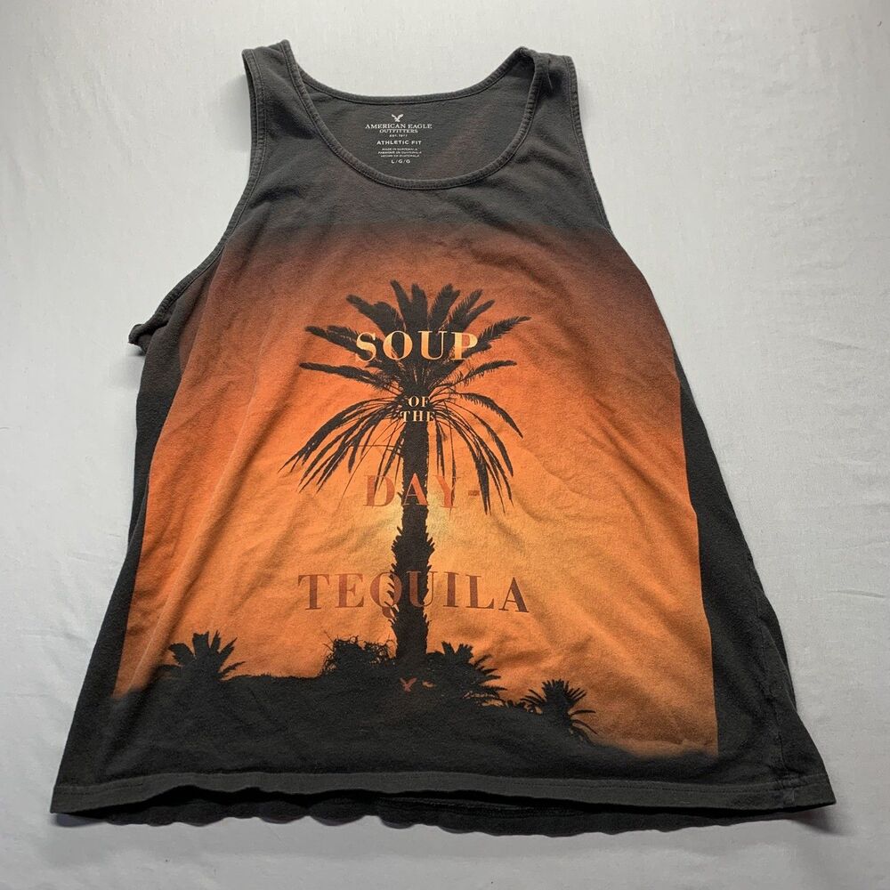 Men’s American Eagle tequila tank Sz Large tropical sunset palm tree AE